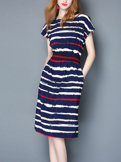 Blue and Red Knee Length Stripe Slim Plus Size Dress for Casual Office