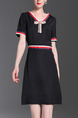 Black Above Knee Contrast V Neck Slim A-Line Plus Size Dress for Casuual Office Evening Party