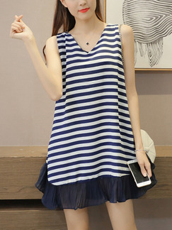 Blue and White Stripe Above Knee V Neck Loose Stripe Linking Plus Size Dress for Casual