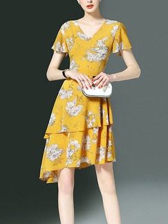 Yellow and Cream Knee Length Printed Slim V Neck Asymmetrical Hem Plus Size Dress for Casual Office Evening Party