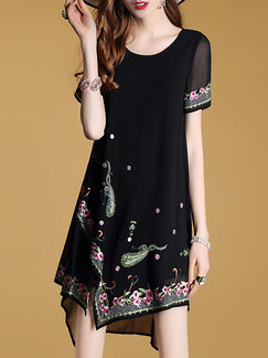 Black Colorful Above Knee Loose Embroidery Asymmetrical Hem Plus Size Dress for Casual Office Evening Party