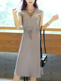Grey Midi Slim Drawstring Plus Size Dress for Casual Office Evening Party