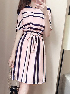 Pink and Black Above Knee Knitted Stripe Drawstring Plus Size Dress for Casual Office Evening Party