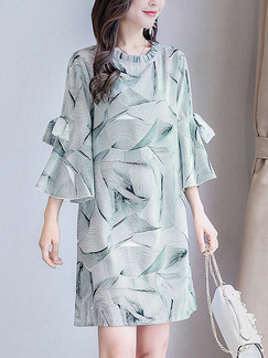 Green Grey Chiffon Loose Plus Size Butterfly Knot Ruffled Stand Collar Above Knee Dress for Casual Party Evening