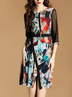 Colorful Contrast Linking Mesh Plus Size Printed Furcal Slim Above Knee Dress for Casual Party Evening Office
