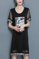 Black Knitted Plus Size Loose Linking Mesh Located Printing Above Knee Dress for Casual
