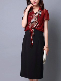 Red and Black Knitted Two-Piece Slim Printed Plus Size Band Midi Dress for Casual Office