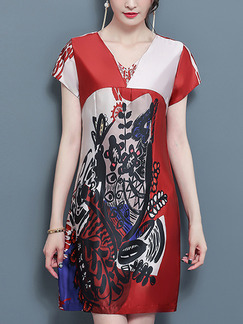 Red Colorful Plus Size V Neck Printed Loose Above Knee Dress for Casual Party Evening