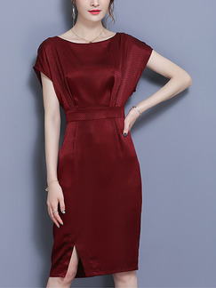 Red Satin Slim Plus Size Furcal Sheath Knee Length Dress for Casual Party Evening Office