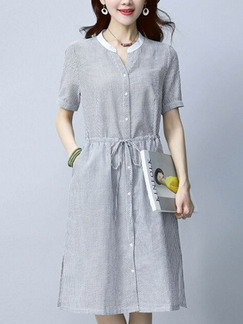 Grey Literary Plus Size Stripe Drawstring Shirt Knee Length Dress for Casual