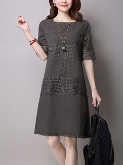 Grey Literary Loose Laced Plus Size Knee Length Dress for Casual