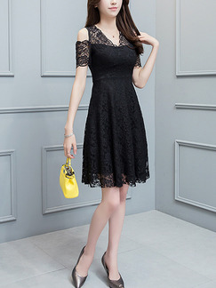 Black Slim A-Line Lace V Neck Off Shoulder Plus Size Above Knee Dress for Casual Party Evening