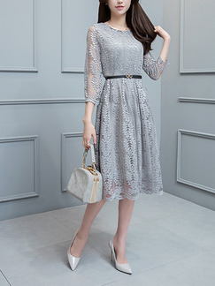 Grey Lace Slim A-Line  Midi Plus Size Dress for Casual Office Evening
