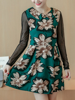 Green Black Mesh Linking Slim A-Line Floral Above Knee Long Sleeve Dress for Casual Party Evening