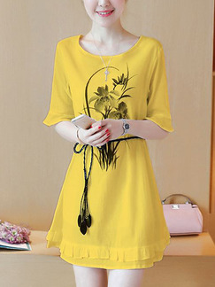 Yellow Chiffon Plus Size Flare Sleeve Ruffled Located Printing Band Above Knee Cute Dress for Casual Party
