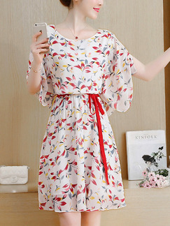 White Colorful Chiffon Plus Size Printed Furcal Adjustable Waist Band Knee Length Dress for Casual Party
