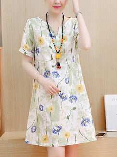 White Colorful Literary Plus Size Loose Printed Floral Above Knee Dress for Casual