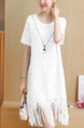 White Lace Plus Size Loose Tassels Knee Length Dress for Casual
