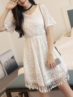 White Lace V Neck A-Line Adjustable Waist Flare Sleeve Tassels Above Knee Dress for Casual Party Evening
