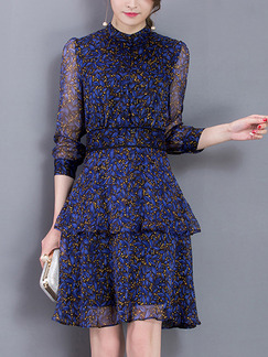 Blue Chiffon Slim A-Line Layered Stand Collar Printed Plus Size Above Knee Dress for Casual Office Evening Party