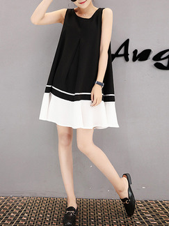 Black and White Above Knee A-Line Loose Contrast Linking Plus Size Dress for Casual Office Evening Party