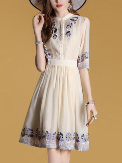 Beige Above Knee Chiffon Stand Collar Embroidery A-Line Slim Plus Size Dress for Office Evening Party