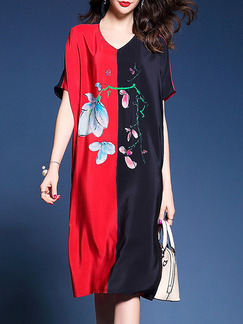 Red and Black Loose Contrast Linking Printed Chinese Plus Size Midi V Neck Dress for Casual Party