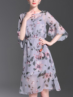 Blue A-Line Flare Sleeve Loose Furcal Chiffon Plus Size Floral Knee Length Dress for Casual Party Evening