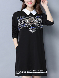 Black Knitted Contrast Linking Located Printing Plus Size Above Knee Shirt Long Sleeve Dress for Casual Office