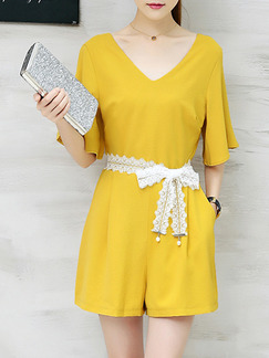 Yellow Jumpsuit Lace V Neck Band Plus Size Cute Jumpsuit for Casual Party