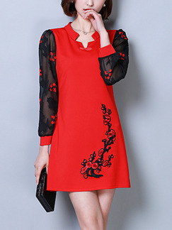 Red and Black Burnt-Out Linking Chinese Button Embroidery Above Knee Plus Size Long Sleeve Dress for Casual Party Evening