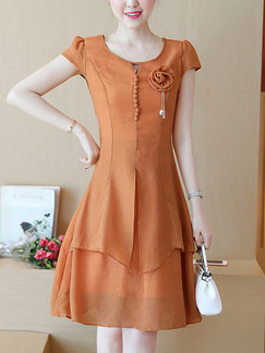 Brown Slim A-Line Two-Layered Buckled Plus Size Knee Length Dress for Casual Party Evening