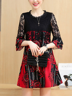 Black and Red Plus Size A-Line Loose Lace Linking Above Knee Dress for Casual Party Evening