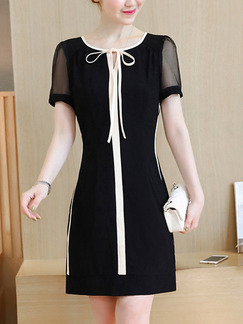 Black Contrast Linking Band Plus Size Slim Chiffon Above Knee Dress for Casual Office Evening