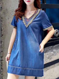 Blue V Neck Loose Plus Size Denim Embroidery  Shift Above Knee Dress for Casual Party