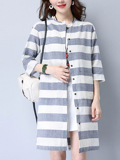 Grey and White Stripe Shirt Stripe Loose Plus Size Above Knee Dress for Casual