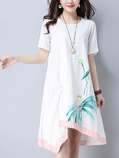 White Chinese Located Printing Asymmetrical Hem Contrast Linking  Knee Length Plus Size Shift Dress for Casual