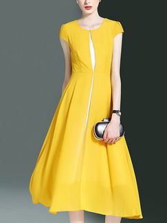 Yellow Chiffon Full Skirt Contrast Slim Cute Midi Plus Size Dress for Casual Evening Party