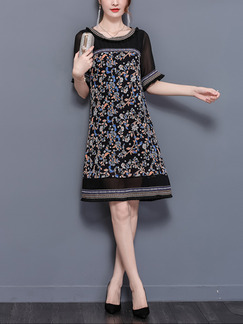 Black Colorful Chiffon Loose Tassels Printed Linking Above Knee Plus Size Dress for Casual Party Evening