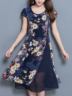 Blue Colorful Chinese Plus Size A-Line Chinese Button Printed Furcal Midi Floral Dress for Casual Party