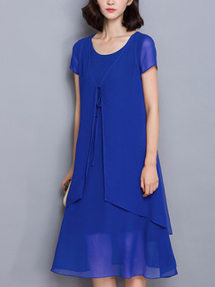 Blue Chiffon Full Skirt Loose A-Line Seem-Two Band Plus Size Knee Length Dress for Casual