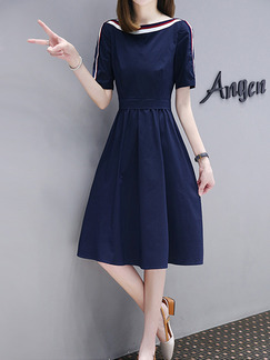 Blue Slim A-Line Plus Size Contrast Linking Ribbed Band Knee Length Flare Dress for Casual Party Office