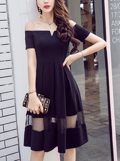 Black Slim A-Line Off-Shoulder Linking See-Through Pleated Knee Length Plus Size Dress for Casual Party Nightclub