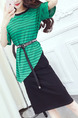 Green and Black Stripe Knitted Seem-Two Stripe Contrast Linking  Knee Length Dress for Casual Office
