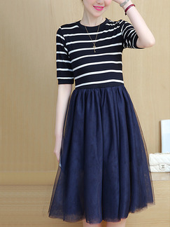 Blue and White Stripe Plus Size Knitted Stripe Linking Pleated Knee Length Dress for Casual Party Office Evening