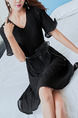 Black Chiffon Slim A-Line Pleated Above Knee V Neck Dress for Casual Office Party
