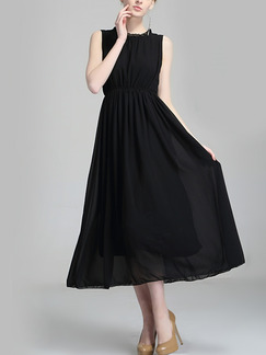 Black Chiffon Plus Size Full Skirt Ruffled Open Back Band  Adjustable Waist Midi Dress for Casual