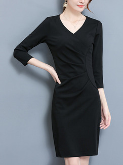 Black Slim Plus Size V Neck Pleated Sheath Above Knee Dress for Casual Office Party Evening
