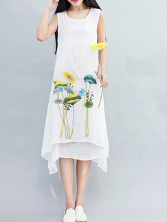 White Colorful Literary Plus Size Loose Located Printing Asymmetrical Hem Midi Floral Dress for Casual