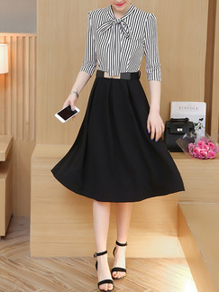 Black and White Stripe Slim Seem-Two Stripe Contrast Linking Band Plus Size Knee Length Dress for Casual Office